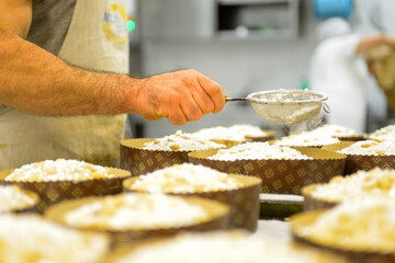 pastry chef in professional kitchen preparing and baking milanese panettone in christmas time....