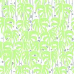 Seamless pattern. Light green contour leaves and gray waves on white backround. Vector graphic illustration.	