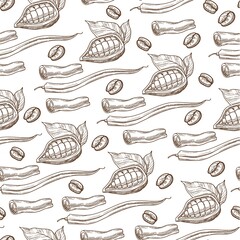 Coffee and cacao beans, cinnamon stick seamless pattern