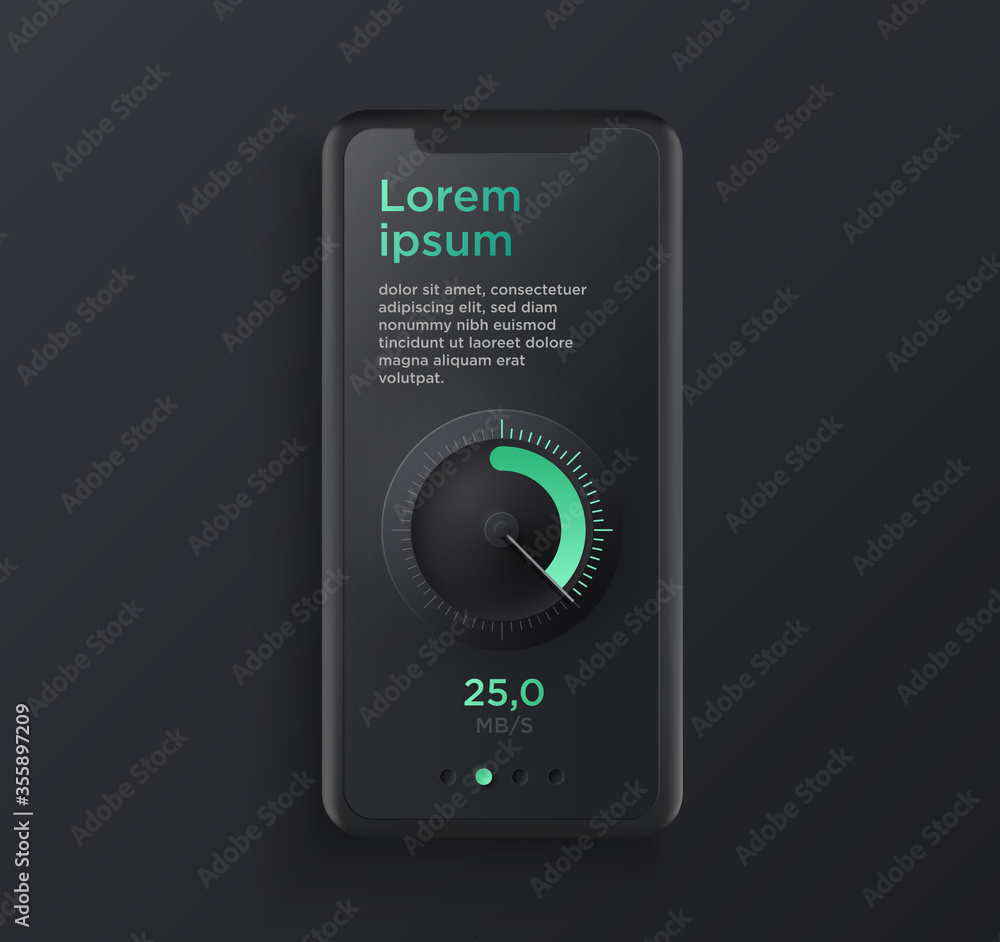 Fototapete Realistic black clay style smartphone illustration with speedometer. Template for presentation of UI design interface or infographics. Vector cellphone mockup for UX design concept.