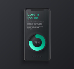 Realistic black clay style smartphone illustration with User Interface elements. Template for presentation of UI design interface or infographics. Vector cellphone mockup for UX design concept.