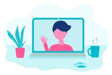 Video conference. Virtual meeting concept. Man on computer screen talking. Online communication vector concept in flat design.