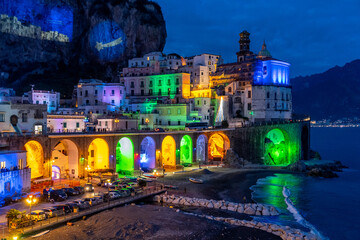 Naples, Italy, December 2019: Colored christmas lights in Atrani, Atrani is a small town on the...