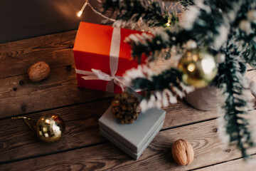 Winter and Christmas holidays concept. Cozy scene. Background with christmas decor. Christmas background. Christmas presents.