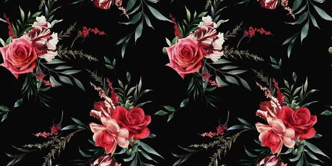Zelfklevend Fotobehang Seamless floral pattern with flowers on dark background, watercolor. Template design for textiles, interior, clothes, wallpaper. Botanical art © ola-la