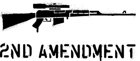 'Second amendment'' quote. Spray paint graffiti stencil. Sniper rifle silhouette.