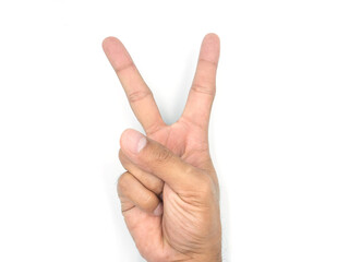 A hand showing two fingers isolated on white background with clipping path included.