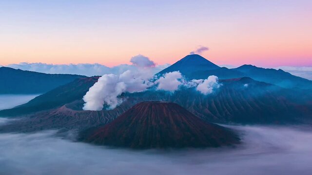 Sunrise Over The Volcano Mountains Time lapse, Landmark Nature Travel Place Of East Java, Indonesia (zoom out)