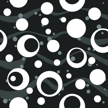Seamless pattern. White and gray bubbles and waves on black backround. Vector illustration.	