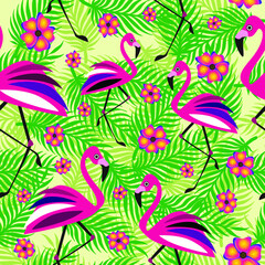 Pink stylized flamingos, flowers and tropical green palm leaves on colorful backround. Vector graphic illustration. Seamless pattern.