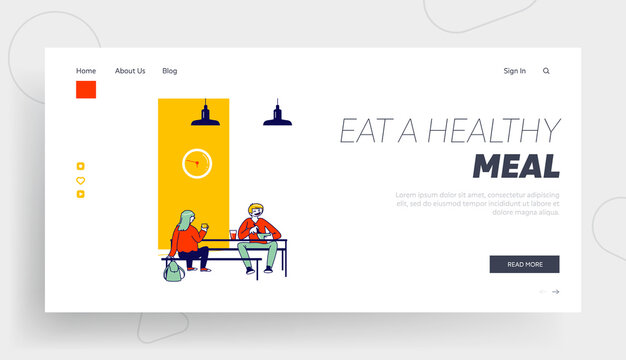 Students Communicate in Canteen Landing Page Template. Pupils Eat Meals Sitting at Tables during Lunch Time in College, Children Characters Visiting School Cafeteria. Linear People Vector Illustration