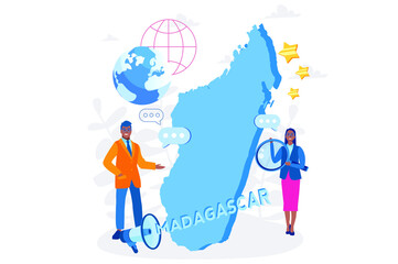 Madagascar map  with people, Welcome to Madagascar, advertising and promo,  Madagascar economy. Vector illustration for web banner, infographics, mobile. 