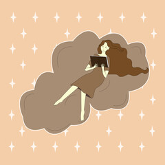 a girl reads an interesting book on the cloud brown