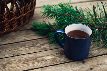 Flat lay winter cozy Christmas vintage background with. The cup of tea or coffee. Christmas atmosphere.
