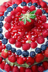 Beautiful Cake with Fresh Fruit Decorations (Strawberries, Blueberries, Raspberries, Kiwi Fruit and Redcurrants)