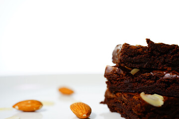stack chocolate brownies on white background
