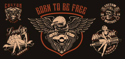 Obraz premium Set of vector biker-themed illustrations for apparel, logos, and many other uses.