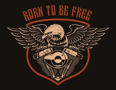 An American eagle on a motorcycle engine. This vector illustration is perfect for biker-themed shirt prints and many other uses as well.
