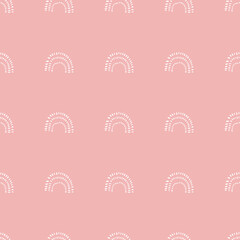 Simple pink Rainbow shapes, curves, arcs. u shaped abstract seamless pastel pink and white pattern. Hand drawn vector illustration.