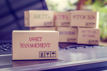 Online asset management / portfolio risk diversification for long-term sustainable growth concept : Boxes of financial products e.g bonds, commodities, stocks, mutual funds, ETFs, REITs on a laptop