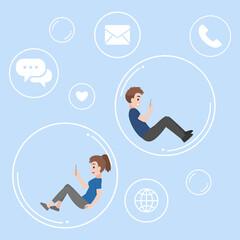 Young man and woman floating inside the bubble communicate and isolated keep social distance for prevent coronavirus Health care concept.