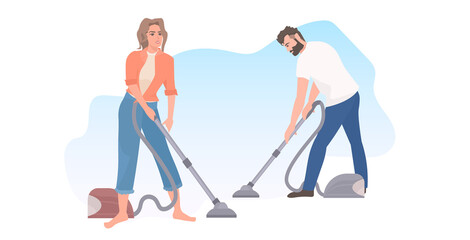 Fototapeta na wymiar couple using vacuum cleaners man woman cleaning floor housekeeping concept horizontal full length vector illustration
