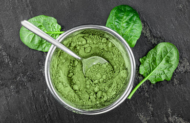 Freshly made spinach powder (close up; selective focus)
