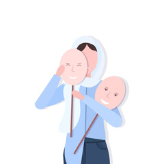 depressed arabian woman holding positive mask girl covering face emotions behind mask fake feeling depression mental disorder concept portrait vector illustration