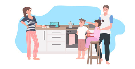 parents with children preparing food family spending time together modern kitchen interior horizontal full length vector illustration
