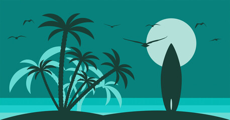 Fototapeta na wymiar isola tropicale, spiaggia, palme, estate, surf, tavola da surf