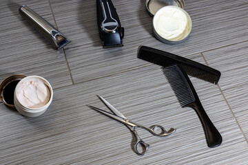 an assortment of tools and equipment used by professional barbers or hair stylists