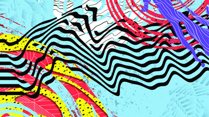 Flow of colorful splashes taxtured by waves, linear 3d polygonal, hand made patterns and textures combine with 3d wavy gradient lines. Abstract vector illustration. Liquid concept. 
