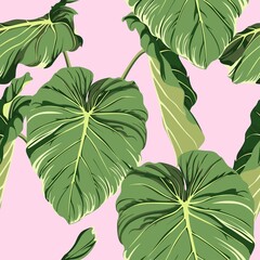 Tropical seamless pattern with exotic big leaves. Pink background.