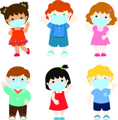 Children wearing a surgical mask to prevent coronavirus vector.