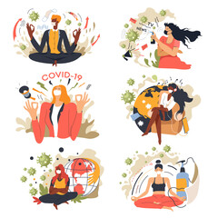Coronavirus quarantine people meditating, stay home characters set