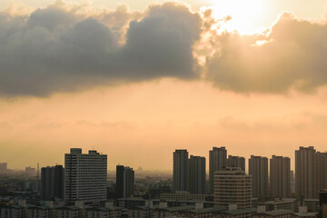 Skyline view of cityscape and modern office buildings with sunrise in Bangkok,Thailand .Construction business concept.