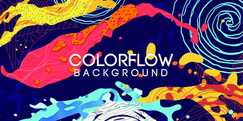 Flow of colorful splashes texture by waves, linear 3d polygonal, handmade patterns and textures, Material shapes on dark background, Liquid concept, Abstract vector illustration, Cartoo papercut © arttools