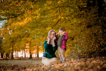 Fototapeta premium Happy young mother playing and having fun with her little baby son on sunshine warm autumn day in the park. Happy family concept