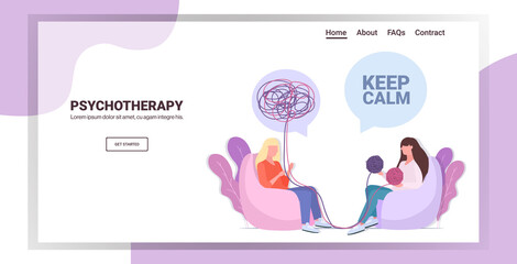 depressed woman visiting psychologist female psychotherapist consulting patient during psychotherapy session mental health depression concept horizontal full length copy space vector illustration