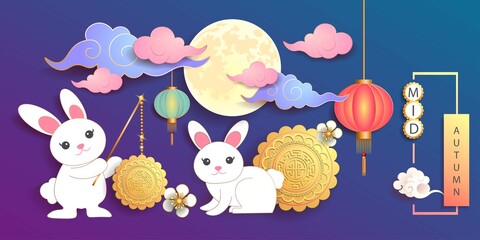 Mid autumn festival / Chinese festival with the moon, moon cake, rabbits, cloud, lantern and flowers on blue paper. Vector illustration © Pawan