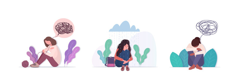 set upset girl crying depression problems stress psychotherapy mental health depression concept horizontal full length vector illustration