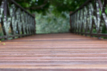 selective focus on surface of wood bridge and blur trees for background usage. - 355906200