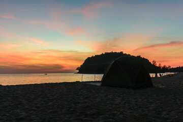 beautiful sunset and tent at Layan beach Phuket in Thailand. - 355906451