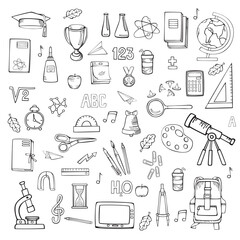 Naklejka premium School supplies linear vector icons set. Hand drawings isolated on white background.