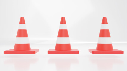 Traffic cone  on reflective white background.3d render