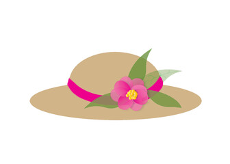 Illustration graphic image of a brown vintage hat with a large pink flower and leaves to the side.  Isolated on white background,