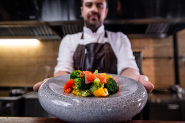 Close-up of restaurant chef showing vegetable salad on beautiful plate with stone structure