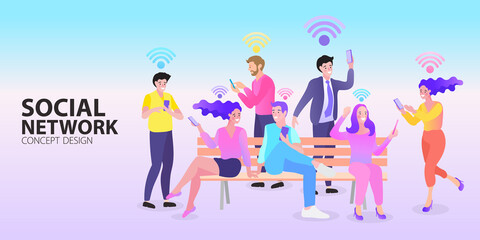 Fototapeta na wymiar People in free internet zone using mobile gadgets. group of people with different poses. Vector illustration in flat style.