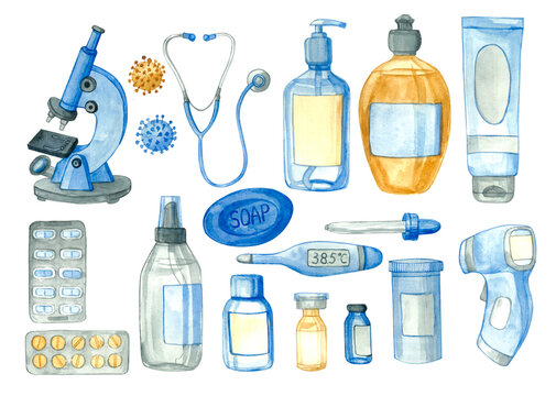 Medical set with medicines, microscope, stethoscope, vials, thermometers, pipette, sanitizers, soap. Elements isolated on a white background