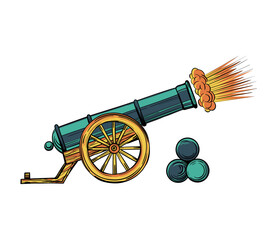 An ancient cannon with gun cores. Gunshot cartoon vector isolated on white background